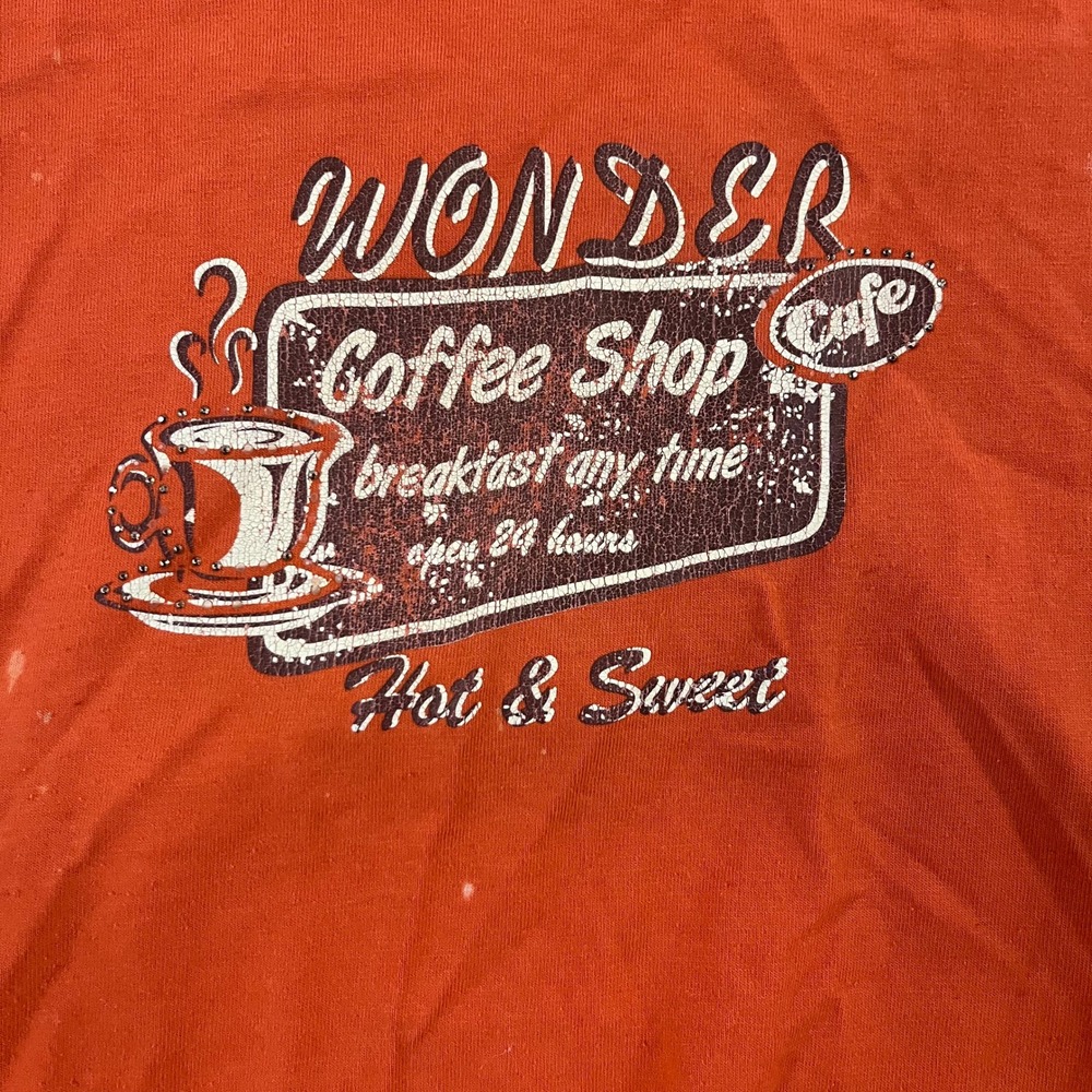 Wonder Coffee Shop T-Shirt Womens Size M Orange Graphic Retro Short Sleeve Cafe